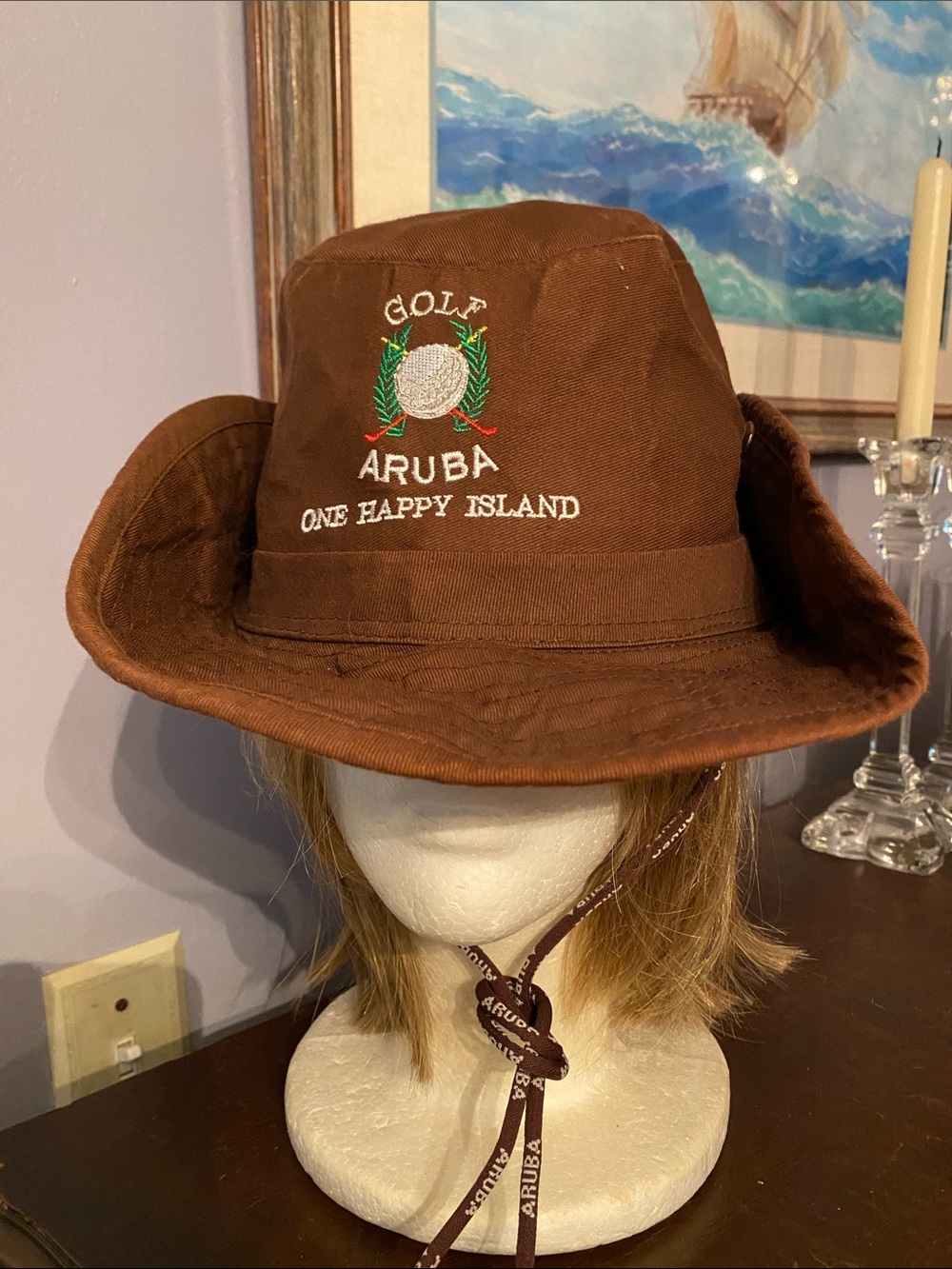 V! Aruba Bucket Hat “One Happy Island” w/ Chin Strap Adult Sz 58 pre-owned